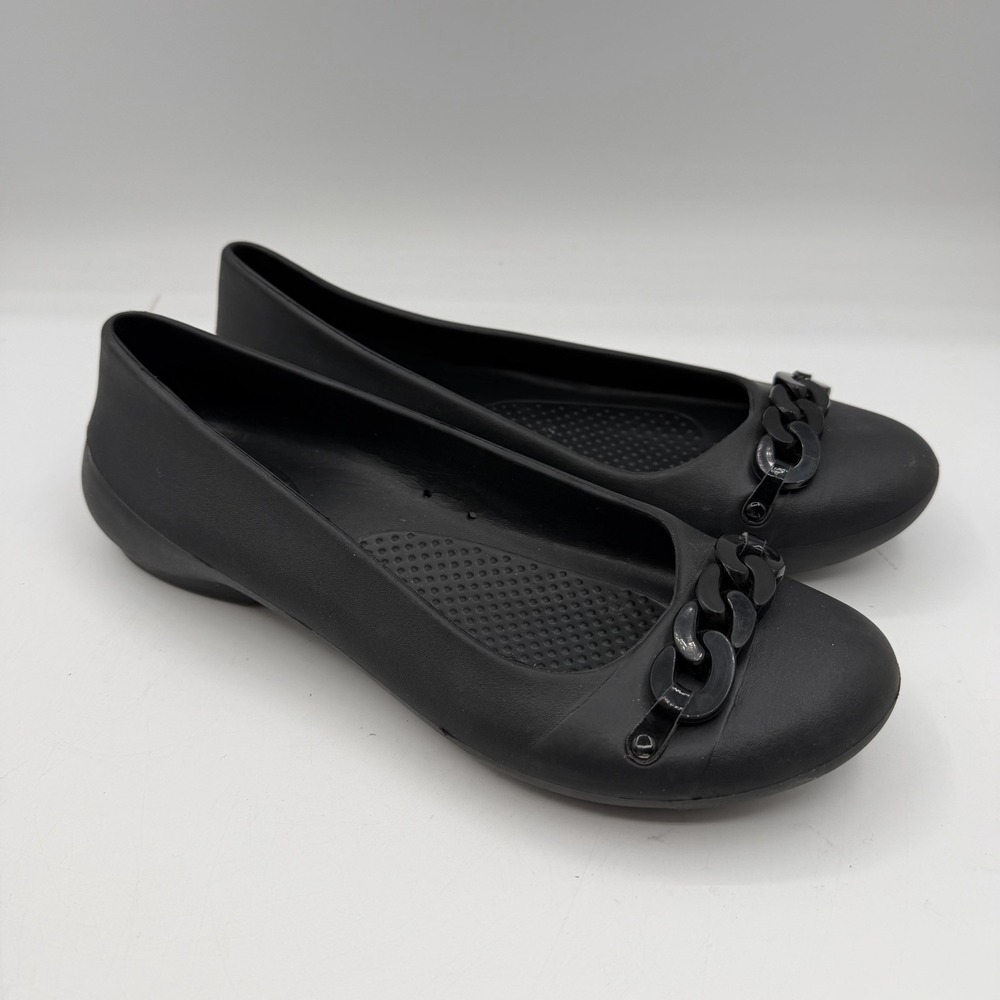 Crocs Gianna Chain Link Ballet Flats Womens Sz 8 Black Rubber Comfort Slip On‎